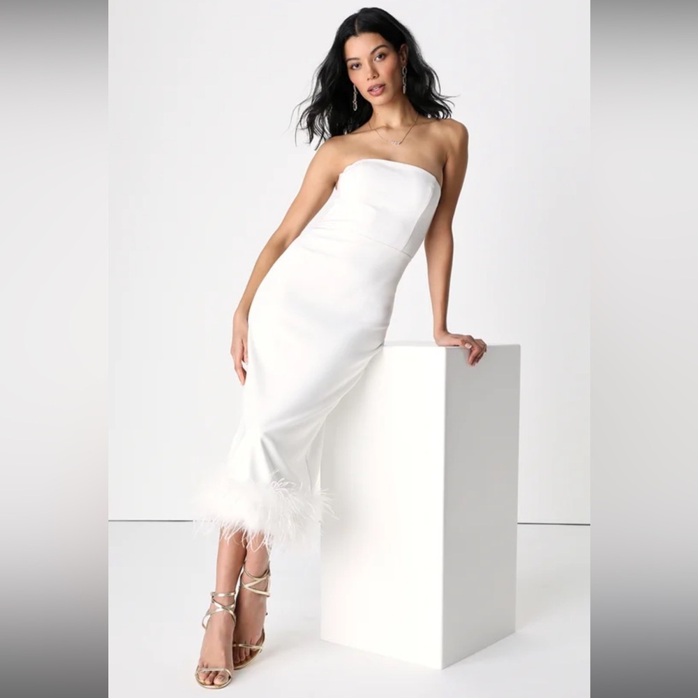 NEW Lulu’s Feather Late Than Never White Strapless Feather Midi Dress